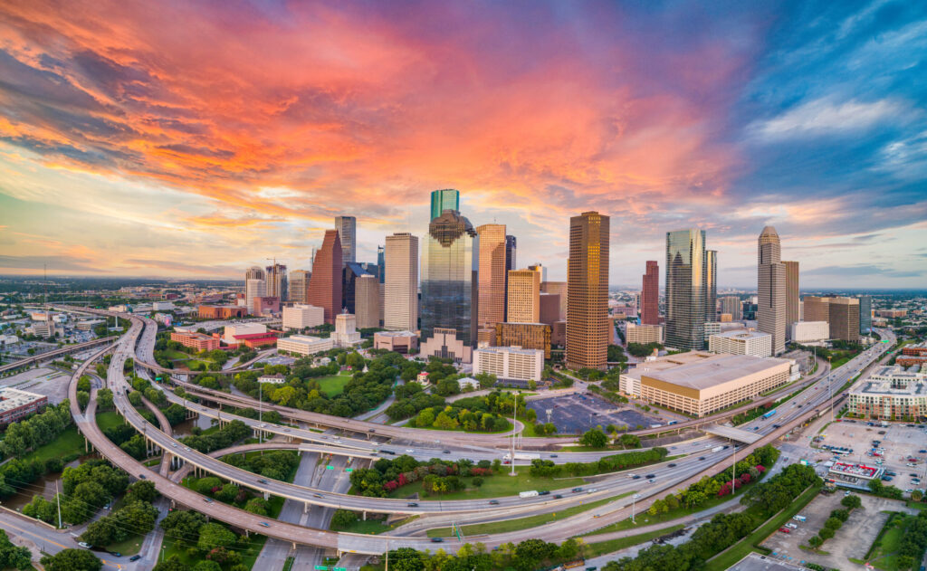 A drone caught a panoramic overhead shot of Houston's skyline.